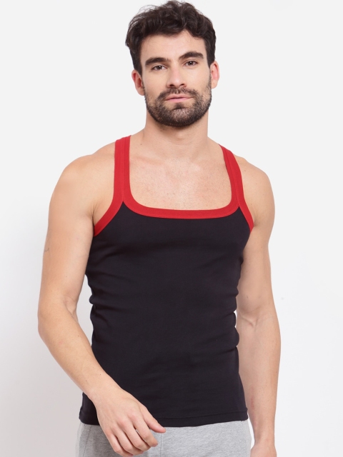 

SPORTO Men Black & Red Solid Pure Super Combed Cotton Gym Vest