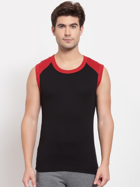 

SPORTO Men Black & Red Colourblocked Pure Super Combed Cotton Gym Vest