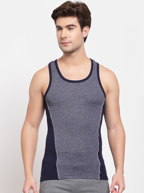 

SPORTO Men Navy Blue & White Colourblocked Pure Super Combed Cotton Gym Vest