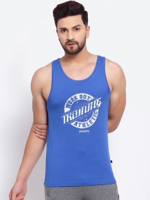 

SPORTO Men Blue & White Printed Pure Super Combed Cotton Gym Vest