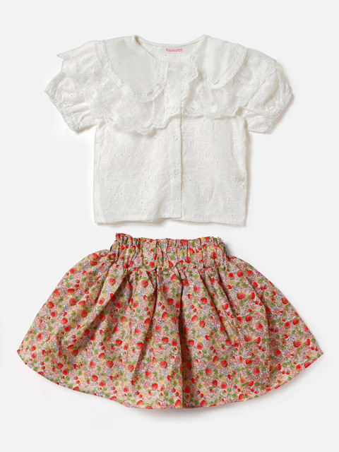 

Hopscotch Girls White & Red Floral Printed Applique Net Top with Skirt
