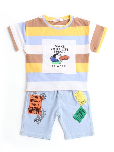 

Hopscotch Boys Yellow & Blue Striped Applique Text T-shirt with Shorts