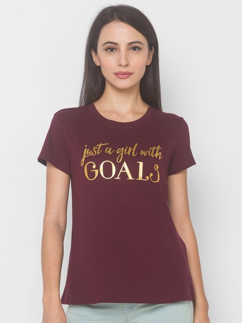 

Globus Women Maroon & Gold-Toned Typography Printed T-shirt