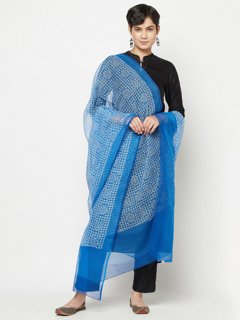 

Fabindia Blue & White Ethnic Motifs Printed Cotton Silk Dupatta