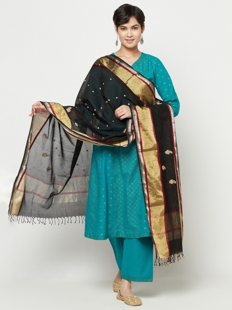 

Fabindia Black & Gold-Toned Embroidered Cotton Silk Dupatta