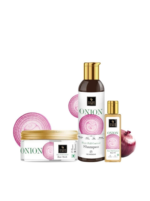 

Good Vibes Combo Kit Of Onion Shampoo 200 ml Hair Mask 200 gm Hair Oil 100 ml, Transparent