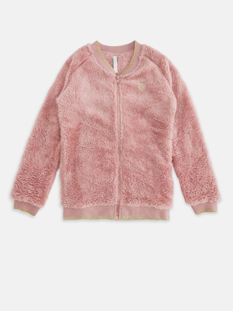 

Pantaloons Junior Girls Pink & Gold-Toned Woolen Cardigan with Fuzzy Detail