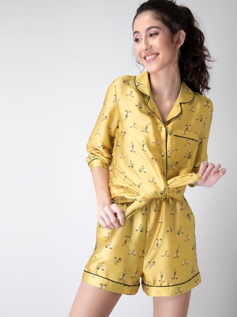 

FabAlley Women Yellow & Black Printed Night suit