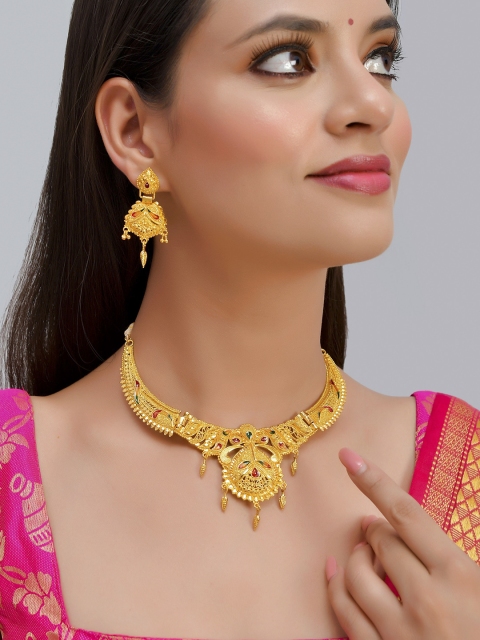 

Silvermerc Designs Gold-Plated Handcrafted Green & Red Stone Studded Jewellery Set