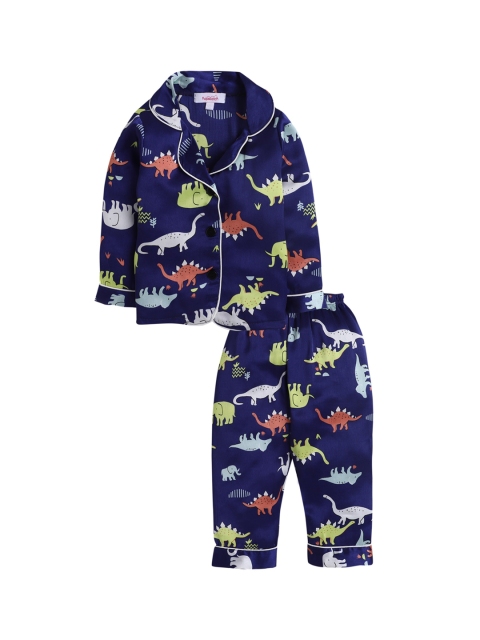 

Hopscotch Unisex Kids Blue & Yellow Animal Printed Night suit