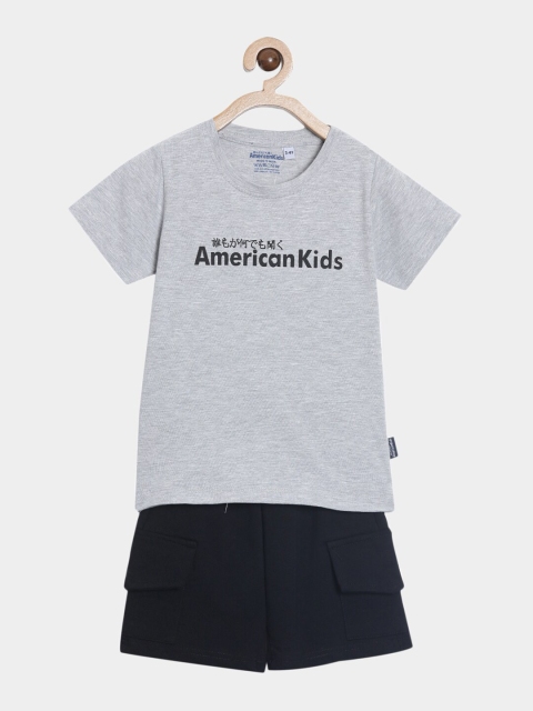 

American Kids Boys Grey Melange & Navy Blue Printed Pure Cotton T-shirt With Shorts