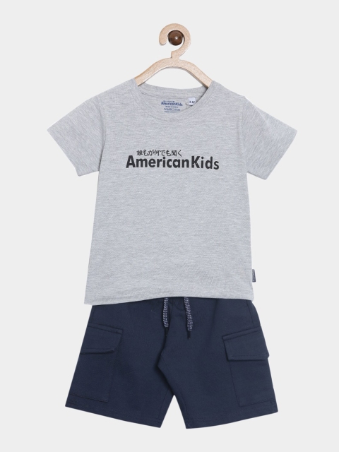 

American Kids Boys Grey Melange & Navy Blue Printed T-shirt with Shorts