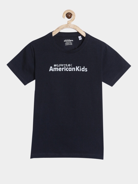 

American Kids Boys Navy Blue & White Brand Logo Printed T-shirt