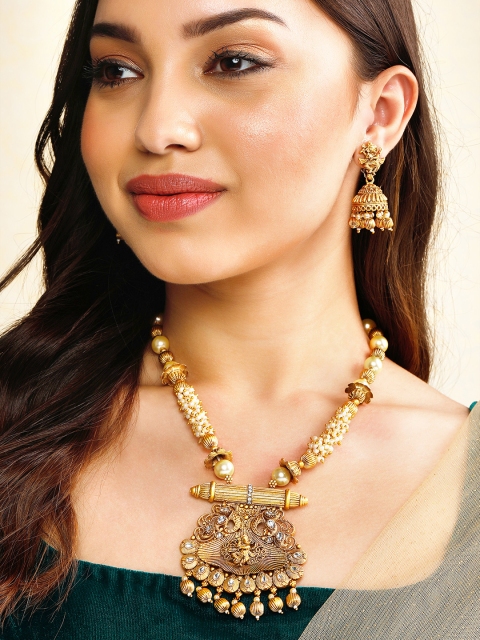 

Rubans Gold-Plated White Stone-Studded Beaded Handcrafted Jewellery Set