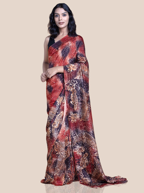 

Suta Red & Navy Blue Batik Printed Handloom Mulberry Silk Saree