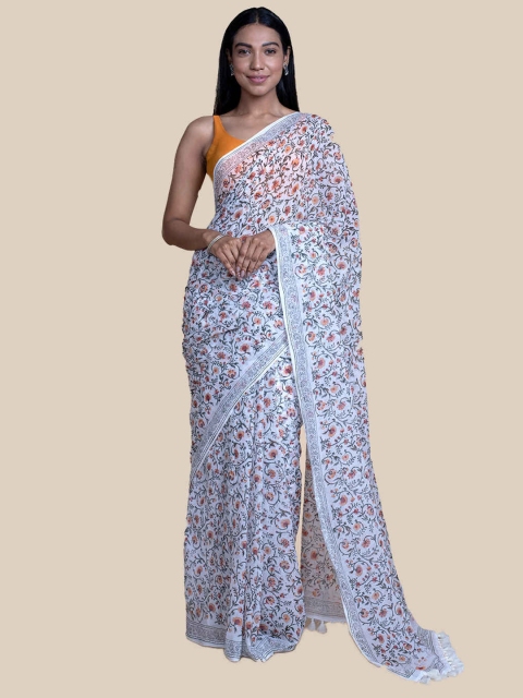 

Suta Women White Floral Screen Printed Mul Cotto Saree, Grey