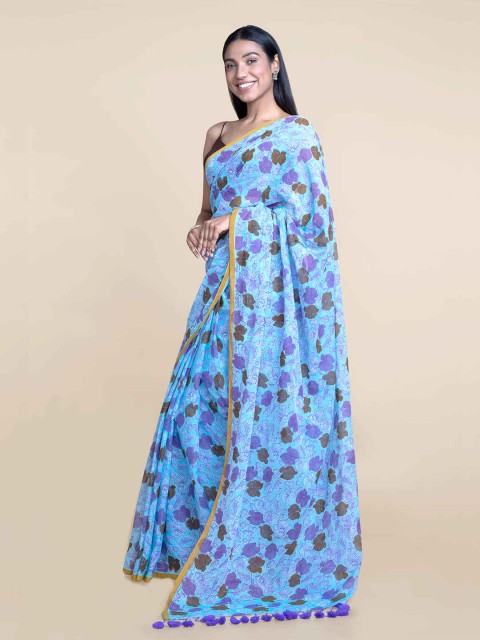 

Suta Blue & Brown Floral Screen Printed Pure Mul Cotton Saree
