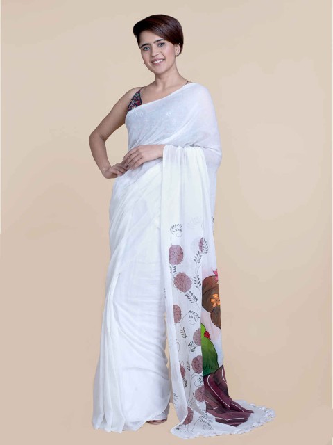 

Suta White & Green Hand Painted Mul Cotton Saree