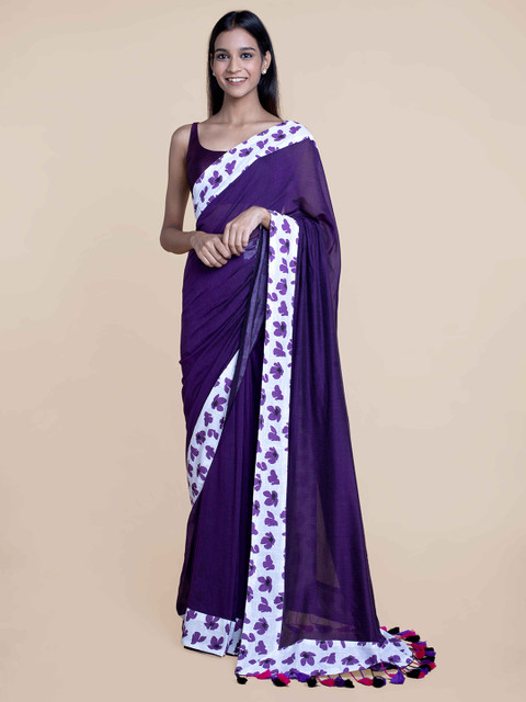 

Suta Purple & White Solid Pure Cotton Lace Detail Saree