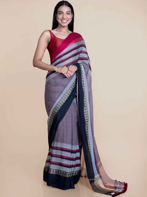 

Suta Grey & Maroon Striped Silk Blend Saree