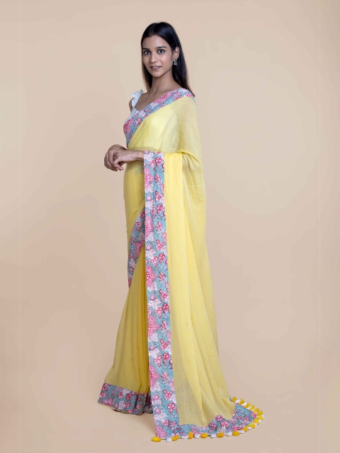 

Suta Yellow & Blue Solid Pure Cotton Saree