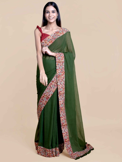 

Suta Women Olive Green Pure Cotton Saree With Block Printed Border