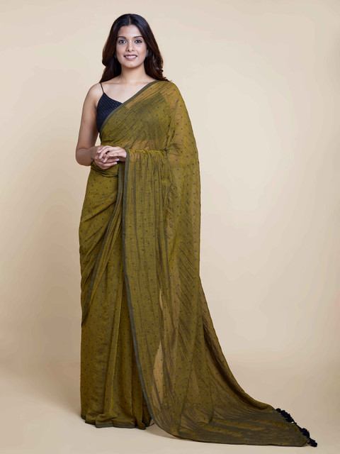 

Suta Olive Polka Dots Printed Pure Cotton Saree