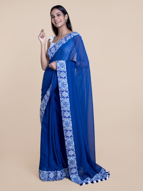 

Suta Blue White Pure Cotton Saree With Block Printed Border