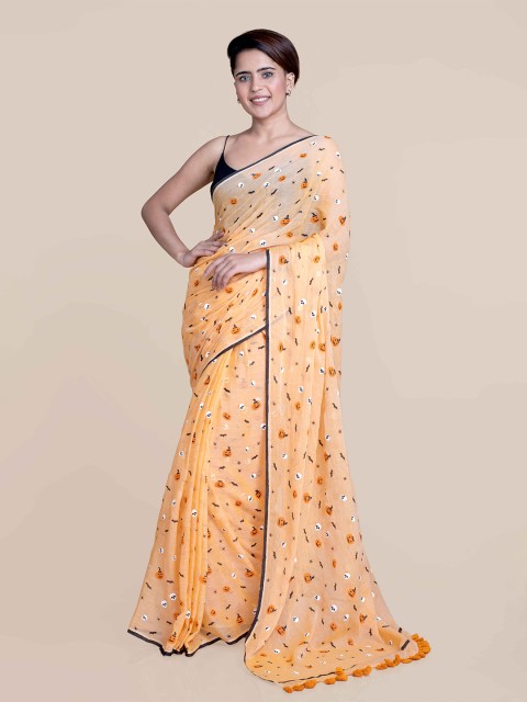 

Suta Women Orange Screen Printed Halloween Saree