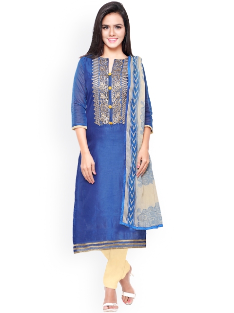 

Saree mall Blue & Beige Embroidered Chanderi Unstitched Dress Material