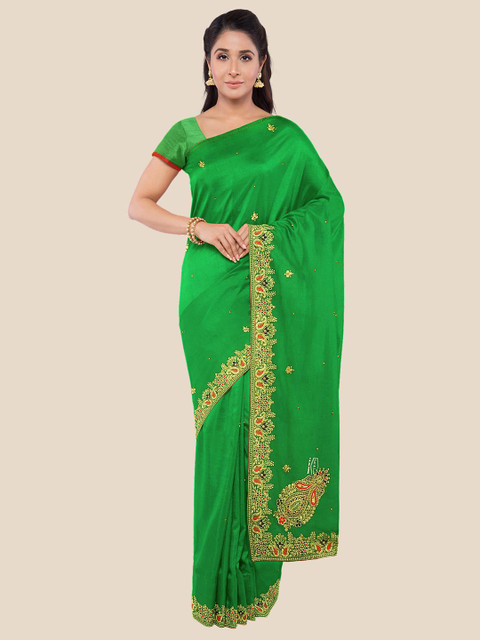 

KLM Fashion Mall Green & Gold Floral Embroidered Saree