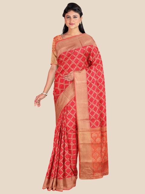 

KLM Fashion Mall Red & Gold-Toned Woven Design Zari Silk Blend Banarasi Saree