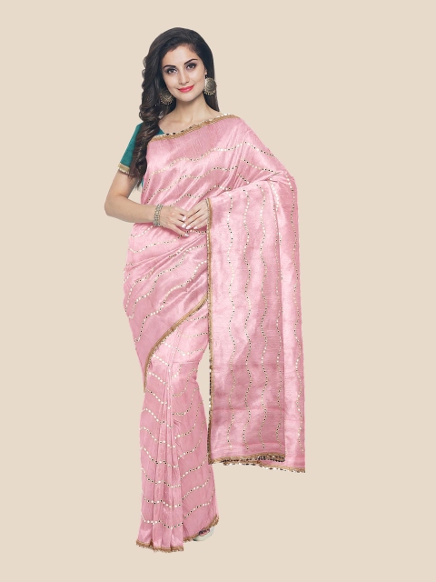 

KLM Fashion Mall Pink Striped Embellished Saree