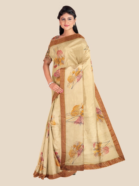 

KLM Fashion Mall Cream-Coloured & Brown Floral Silk Blend Saree