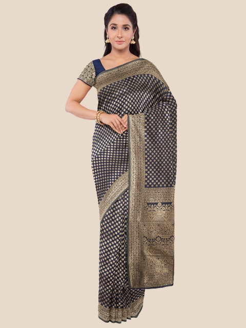 

KLM Fashion Mall Navy Blue & Gold Woven Design Zari Banarasi Saree