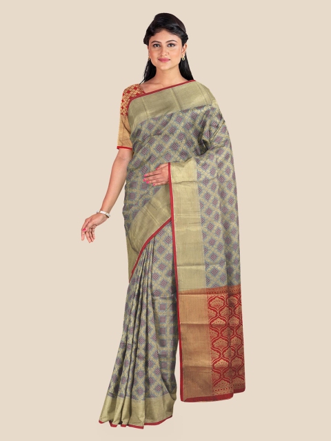 

KLM Fashion Mall Grey & Red Ethnic Motifs Printed Zari Silk Blend Banarasi Saree