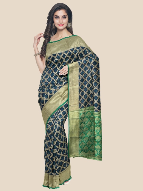 

KLM Fashion Mall Navy Blue & Green Woven Designed Banarasi Saree