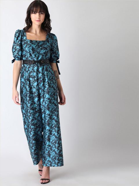 

FabAlley Women Black & Blue Floral Printed Jumpsuit with Belt