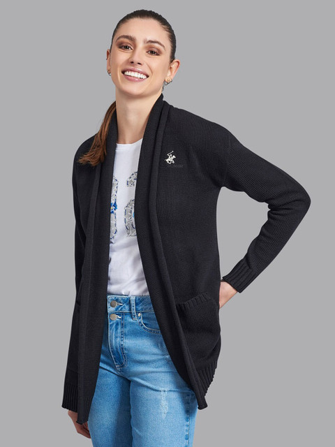 

Beverly Hills Polo Club Women Black Solid Front-Open Sweater