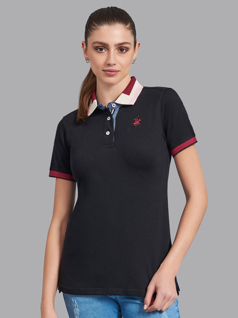 

Beverly Hills Polo Club Women Black & Maroon Polo Collar T-shirt