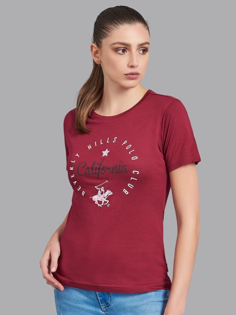 

Beverly Hills Polo Club Women Burgundy Sports Printed T-shirt