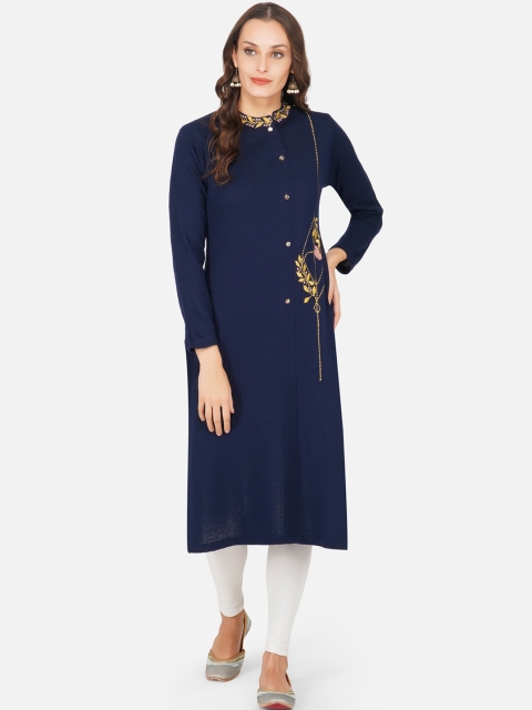 

FABNEST Women Navy Blue Embroidered Thread Work Straight Kurta