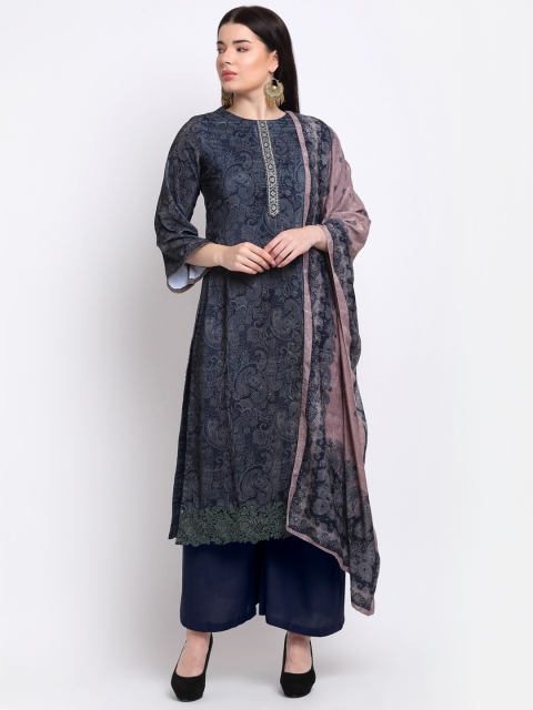

Stylee LIFESTYLE Navy Blue & Grey Printed Velvet Unstitched Dress Material