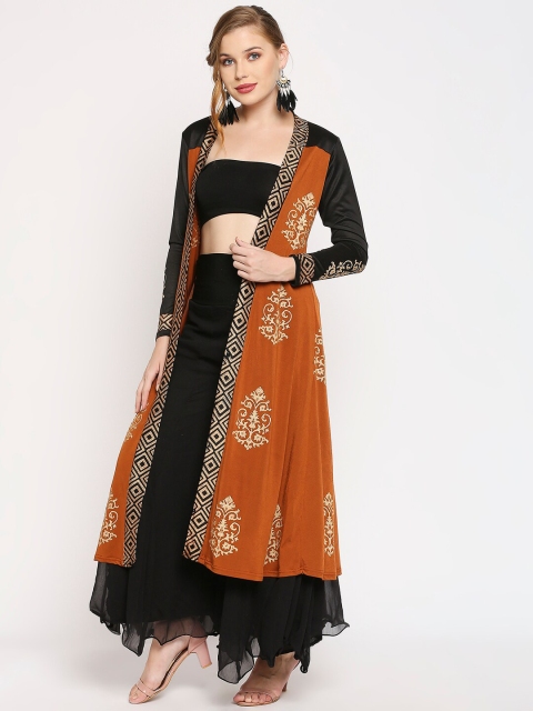 

Ira Soleil Women Brown & Black Printed Block Printed Longline Shrug