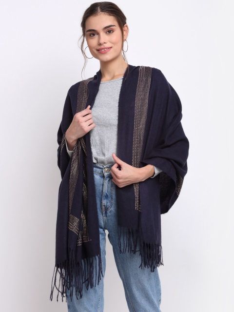 

LOOM LEGACY Women Navy Blue Woven Design & Embellished Acrylic Stole