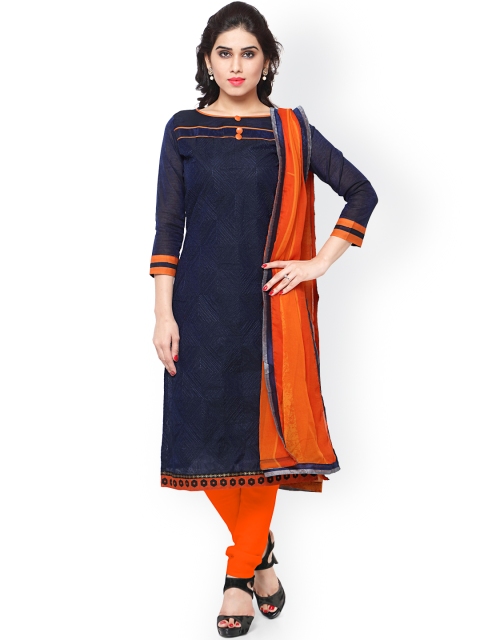 

Saree mall Navy & Orange Embroidered Chanderi Unstitched Dress Material, Navy blue