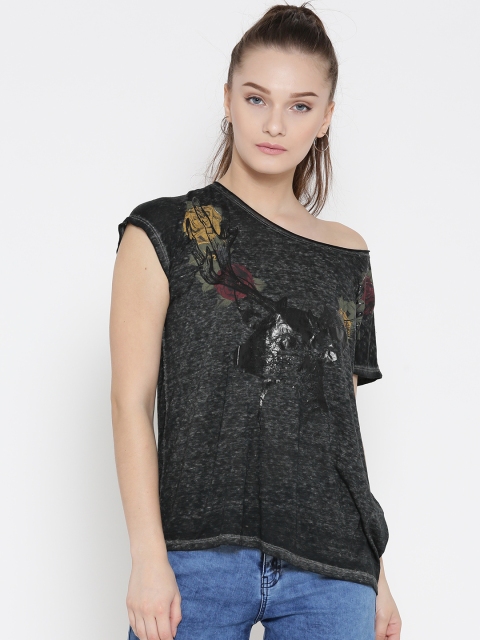 

Vero Moda Women Charcoal Grey Printed Burn-Out Top