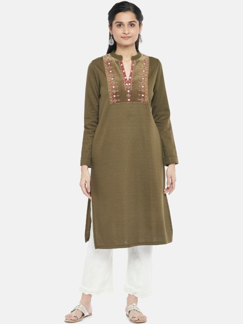 

RANGMANCH BY PANTALOONS Women Olive Green Embroidered Yoke Design Kurta