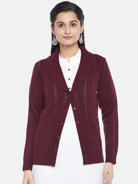 

RANGMANCH BY PANTALOONS Women Maroon Solid Acrylic Cardigan Sweater