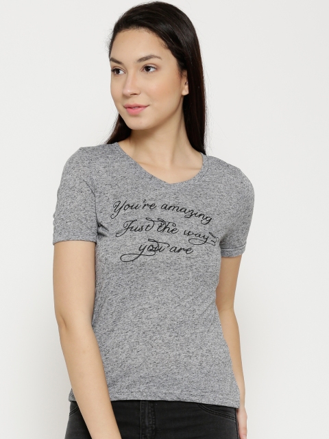 

Vero Moda Women Grey Melange Printed V- Neck T-Shirt